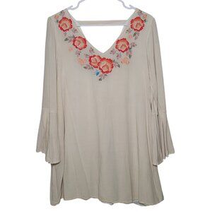 Altar'd State Dress Tunic Embroidered Ivory Floral V-Neck Bell Sleeve M Boho
